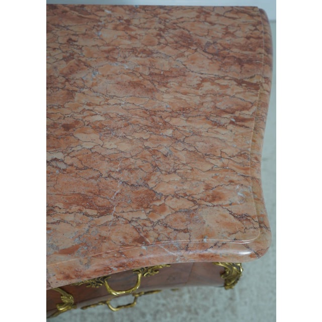 Vintage Louis XV Style Marquetry Bombe Marble Top Commode For Sale - Image 14 of 18