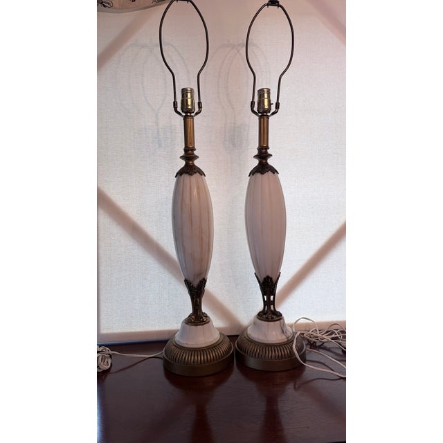 1960s Vintage Mid-Century Modern Neoclassical Carved Alabaster & Brass Spindle Table Lamps - A Pair. For Sale - Image 5 of 18