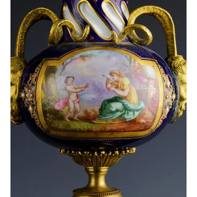 Manufacture de Sevres French Serves-Style Porcelain & Gilt Bronze Cassolettes Urns For Sale - Image 4 of 12
