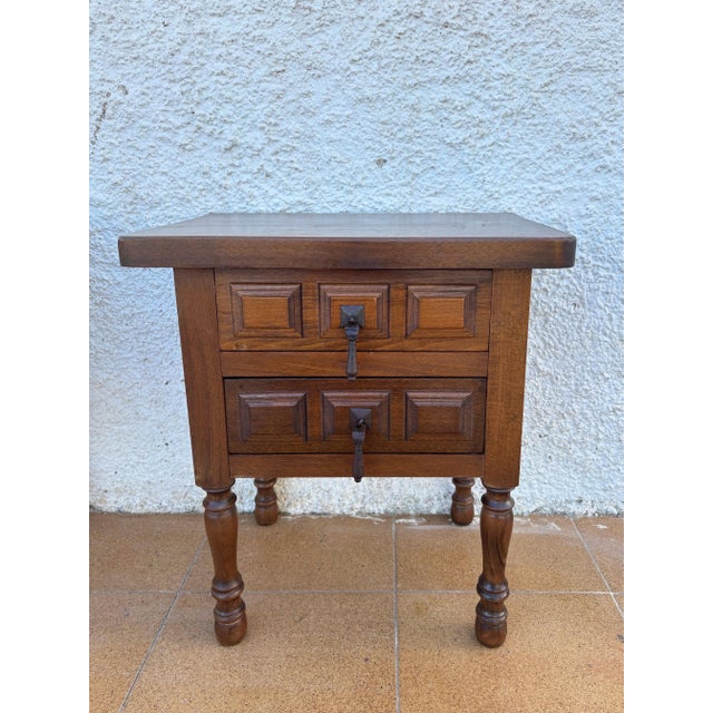 Wood Pair of Spanish Rustic Solid Wood Bedside Tables, Mid-20th Century For Sale - Image 7 of 12