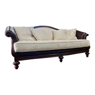 Thomasville Furniture Ernest Hemingway Leather and Fabric Camel Back Sofa For Sale