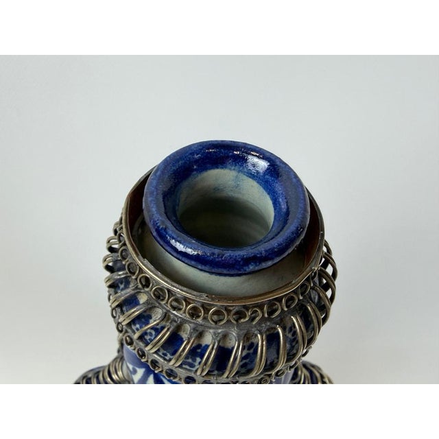 Mid-Century Moroccan Hand Painted Cobalt Ceramic Decanter with Wire Filigree Detailing, 1950s For Sale - Image 13 of 14