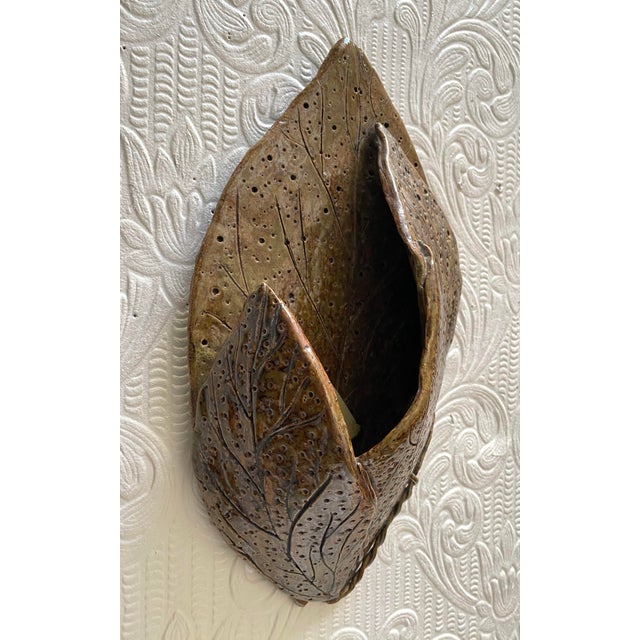 Figurative Studio Pottery Leaves Shaped Wall Pocket Signed Monica Rickhoff 1993 For Sale - Image 3 of 8