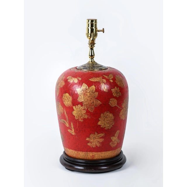 Red Hand Painted Flower Table Lamp For Sale In New York - Image 6 of 10