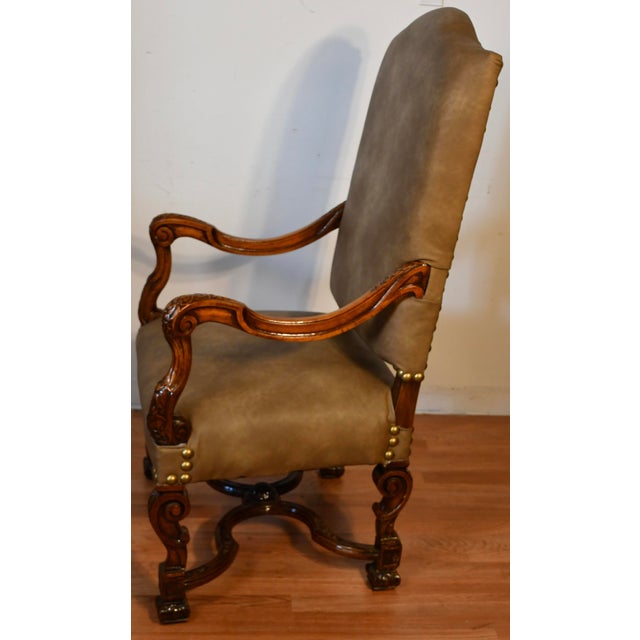 1900 Antique French Carved Walnut Throne Arm Chair / New Leather Upholstery For Sale - Image 13 of 15
