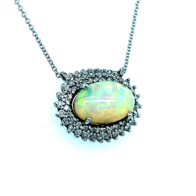 Traditional Natural Opal Diamond Pendant Necklace 14k Gold 5.81 TCW Certified For Sale - Image 3 of 7