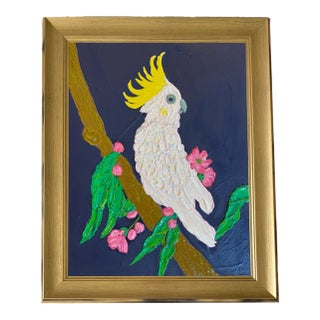 Chinoiserie Parrot Wall Art – White Cockatoo With Flowers, Textured Oil & Acrylic Painting For Sale