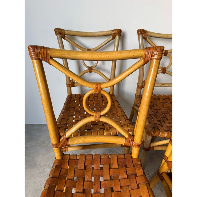 Brown Vintage McGuire-Style Boho Chic Coastal Rattan & Leather Dining Chairs – Set of 8 For Sale - Image 8 of 12