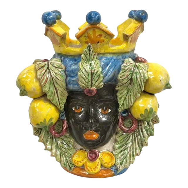 Vintage Italian Caltagirone Moor's Head Planter For Sale