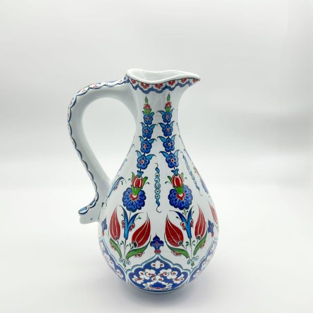 Handmade Ceramic Pitcher (25cm) – Red Tulips & Blue Hyacinths – Elegant Slender Form For Sale - Image 10 of 11