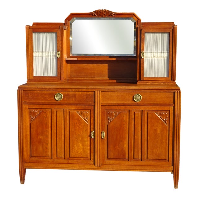 Vintage Oak Buffet with Sentry Boxes and Mirror For Sale