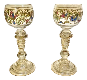 Art Nouveau Roman Style Wine Glasses with Hand-Painted Crystal Glass from Glashütte Theresienthal, Germany, 1920s, Set of 2