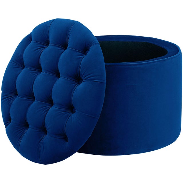Transitional Queen Navy Velvet Storage Ottoman For Sale - Image 3 of 6