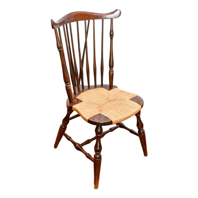 1940s Fruitwood Brace Back Windsor Rush Seat Side Chair For Sale