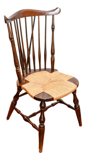 1940s Fruitwood Brace Back Windsor Rush Seat Side Chair