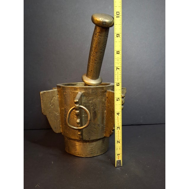 Museum Antique Heavy 18lb Bronze Mortar and Pestle Ribbed Fins Suspension Ring Judaica Sourced J Greenstein For Sale - Image 4 of 18