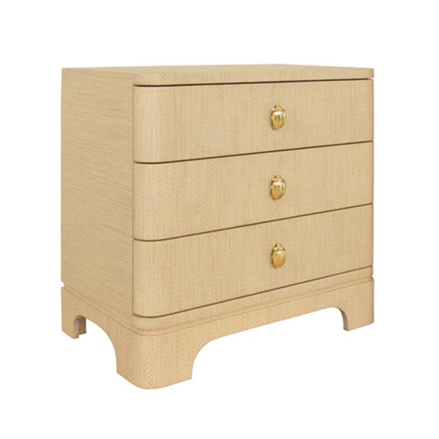 Contemporary Matthew Izzo Home Fortune Natural Grasscloth Three Drawer Side Table With Brass Beetle Knobs For Sale - Image 3 of 12