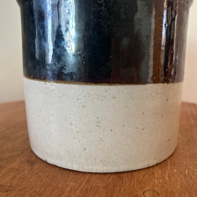 Vintage American Primitive Two-Toned Glazed Stoneware Crock For Sale - Image 9 of 12