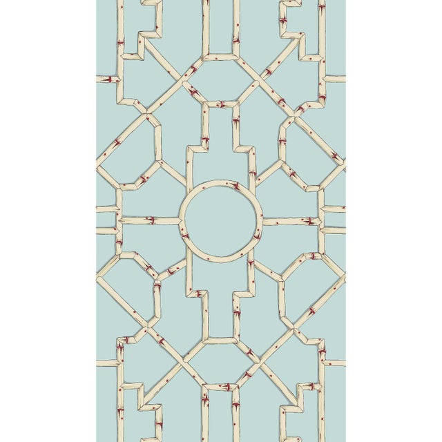 The House of Scalamandré Baldwin Bamboo Wallcovering, Cream & Red on Aqua For Sale