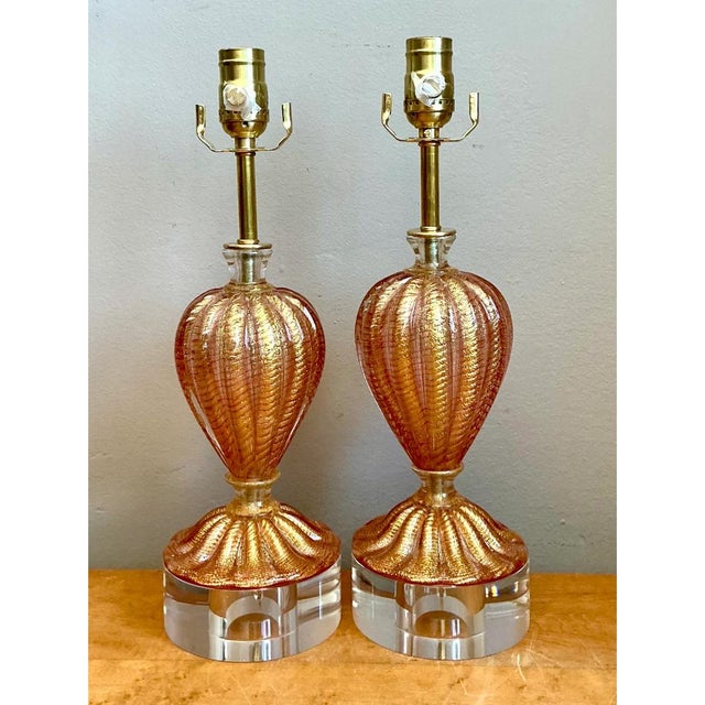 Vintage Murano Glass Lamps With Lucite Bases - Pair For Sale - Image 10 of 12