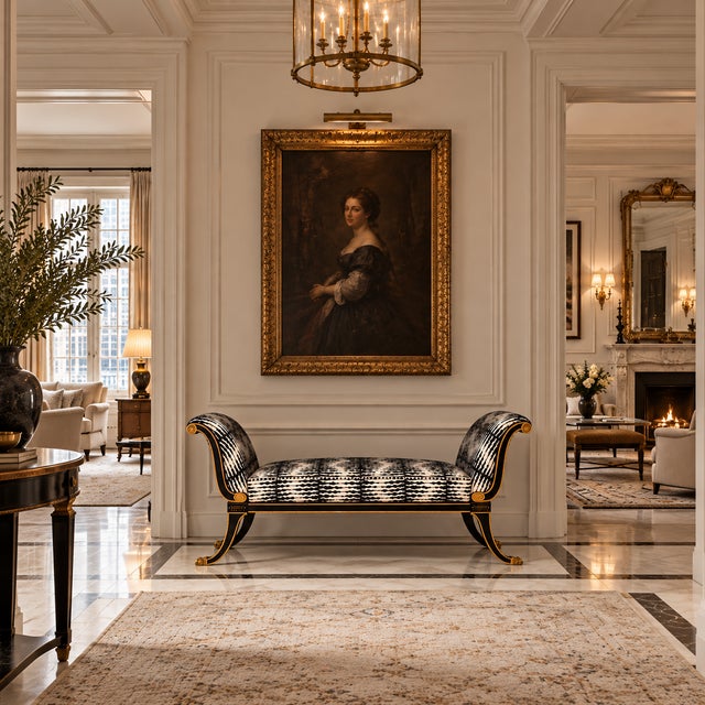 An exceptionally decorative neoclassical window settee in the manner of Maison Jansen, featuring an ebonized wood frame...