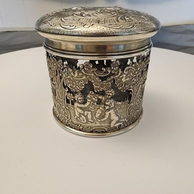 19th Century German Hanau .800 Silver & Heavy Glass Putti Dresser Jar For Sale - Image 13 of 16