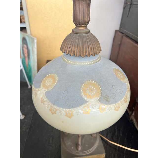 Metal Vintage Hollywood Regency Mid Century Table Lamp - Brass, Blue Milk Glass, Gold Stenciled For Sale - Image 7 of 9
