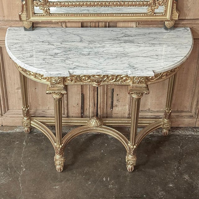 19th Century French Louis XVI Giltwood Carrara Marble Top Demilune Console For Sale - Image 16 of 18