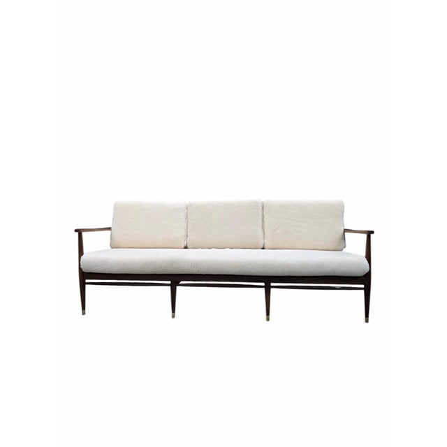 Danish Modern Sofa Newly Reupholstered in Ivory Sheep’s Wool Shearling by Ib Kofod-Larsen For Sale In Chicago - Image 6 of 12