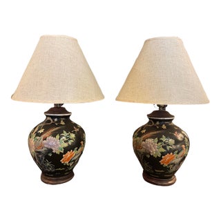 Vintage Japanese Famille Noire Black Porcelain Table Lamps - Hand Painted - a Pair For Sale