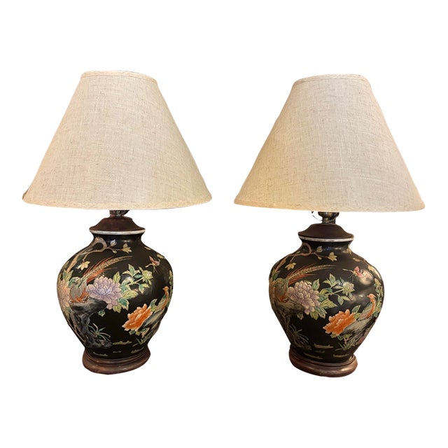 Vintage Japanese Famille Noire Black Porcelain Table Lamps - Hand Painted - a Pair For Sale