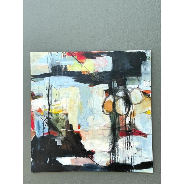 This vintage abstract expressionist oil painting on canvas captures the dynamic energy characteristic of mid-20th-century...