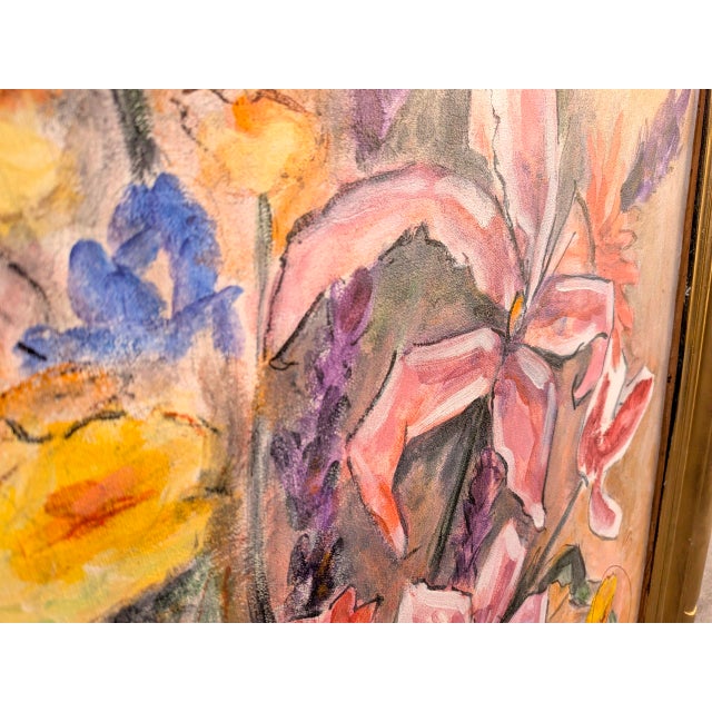Mid 20th Century Vintage Mid-Century Impressionist Floral Oil Painting in Gilt Faux Bamboo Frame- Signed For Sale - Image 5 of 9