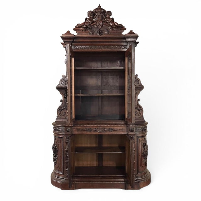 Wood Grand 19th Century French Renaissance Revival Bookcase Signed by Sculptor Benjamin Deguil For Sale - Image 7 of 18