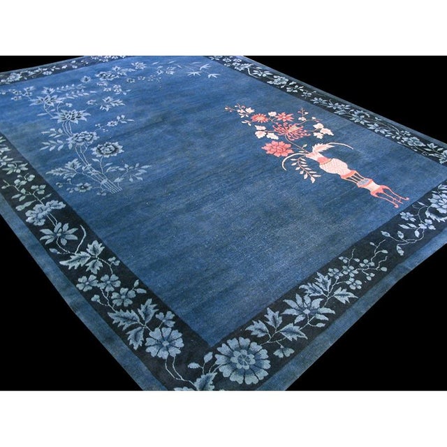 1920s 1920s Blue Floral Vase Design Antique Chinese Art Deco Rug 9' X 11'8" Carpet For Sale - Image 5 of 8