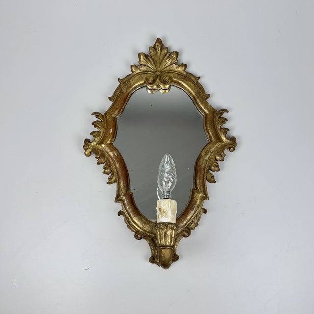 Wood Vintage Rococo Style Gilded Wood Wall Mirror with Lamp, Italy, 1950s For Sale - Image 7 of 7