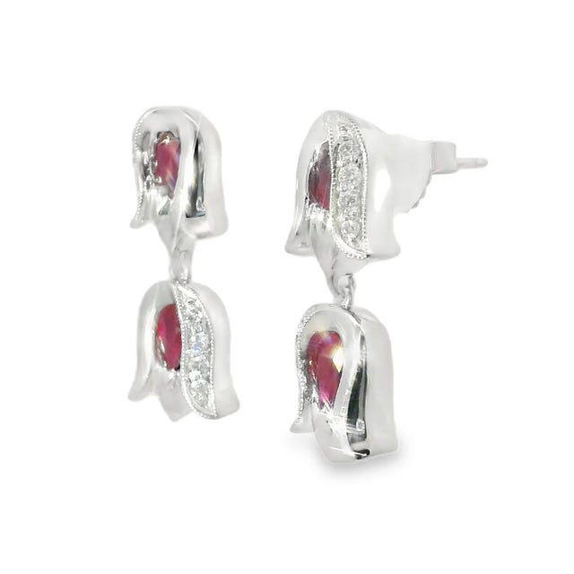 14K White Gold Ruby & Diamond Tulip Dangle Earrings Elegant estate 14K white gold tulip dangle earrings featuring 4...