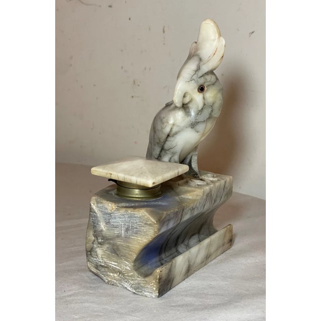 Antique Italian Carved Figural Alabaster Stone Cockatoo Bird Inkwell Sculpture For Sale - Image 13 of 16