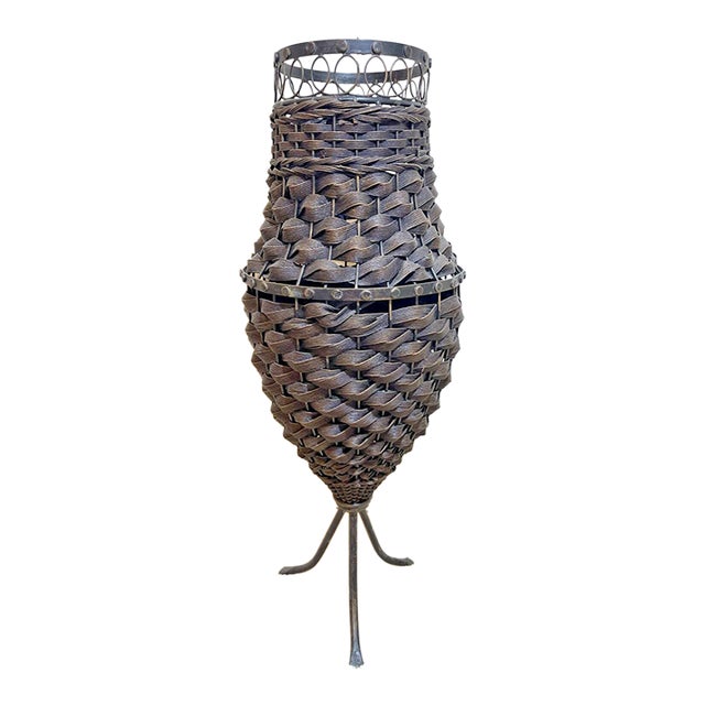 Vintage MCM Rattan & Wicker Basket Plant Urn For Sale