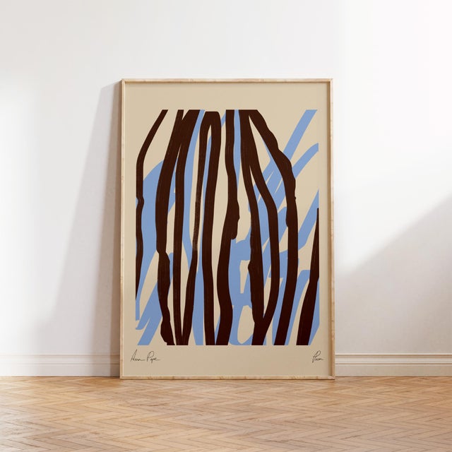 Abstract open edition giclee print by artist Anna Pepe Elegant blue and brown lines composition drawing on beige...