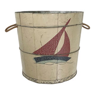 Vintage Wood Nautical Bucket W/Hand Painted Sailboat & Compass For Sale
