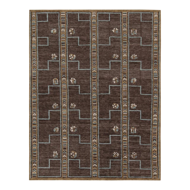 Rug & Kilim’s Scandinavian Style Rug in Brown, Blue & Gold Patterns - 12x16 For Sale