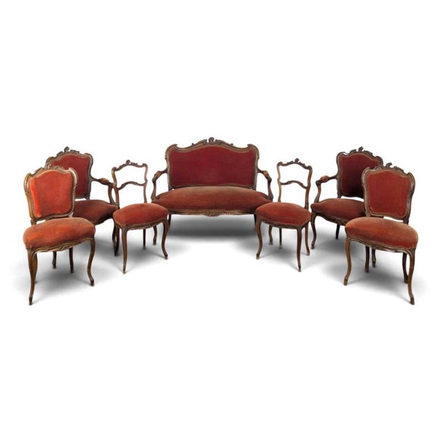 Louis XV Style Living Room Set in Carved Walnut with Orange Velvet Upholstery, Set of 7 For Sale - Image 13 of 13