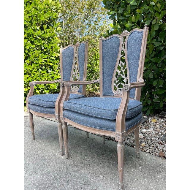 French Provincial Cerused Carved Open Back Armchairs – Pair For Sale - Image 4 of 15