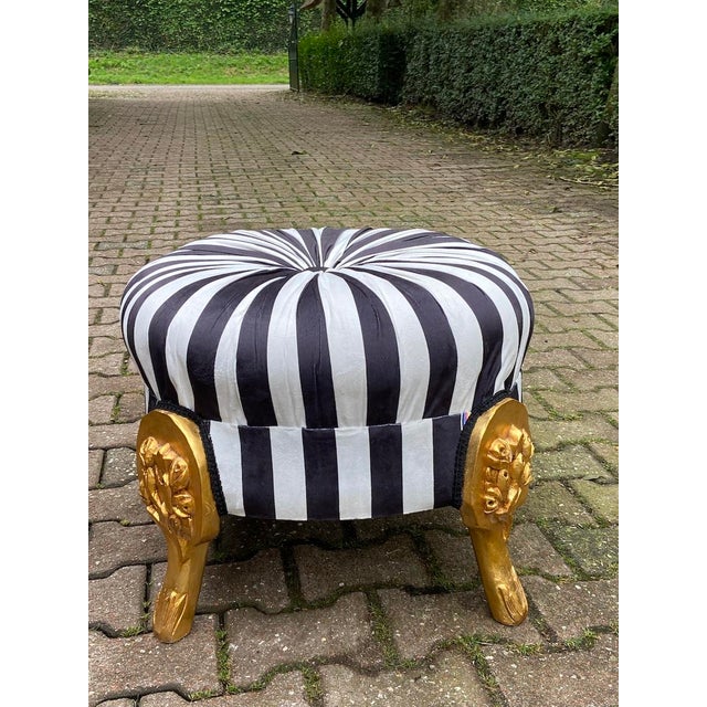 1990s 1990s French Louis XVI Gilded Ottoman Bench in Black & White Striped Velvet, Refinished For Sale - Image 5 of 10