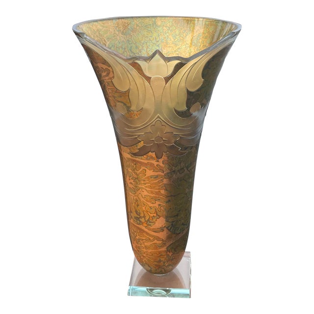 Vintage 1980s Salvatore Polizzi Attributed Carved Golf Leaf Art Glass Vase For Sale