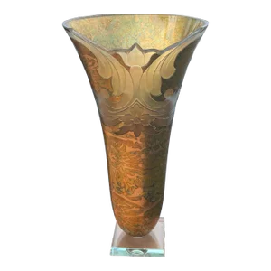Vintage 1980s Salvatore Polizzi Attributed Carved Golf Leaf Art Glass Vase