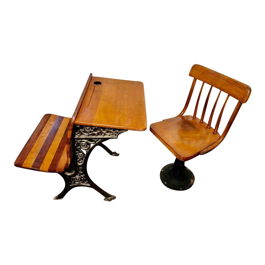 C1887 Victorian Schoolhouse Desk Fold Seat Pedestal Chair 2 Pieces Chairish