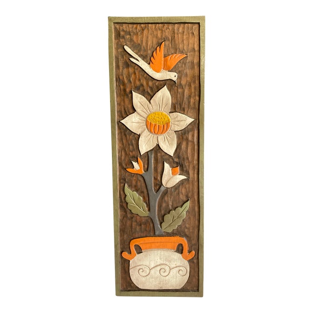 Vintage Folk Art Hand-Carved Floral Wood Wall Panel With Bird For Sale