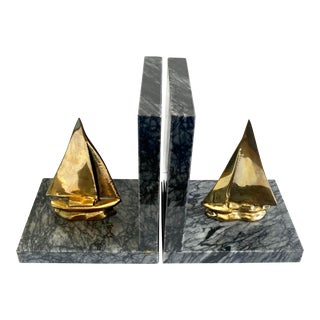 1970s Marble & Brass Sailboat Bookends - a Pair For Sale